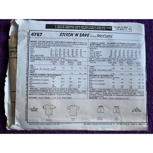 McCalls 4787 top shorts sewing pattern sz xs s - Picture 3 of 6